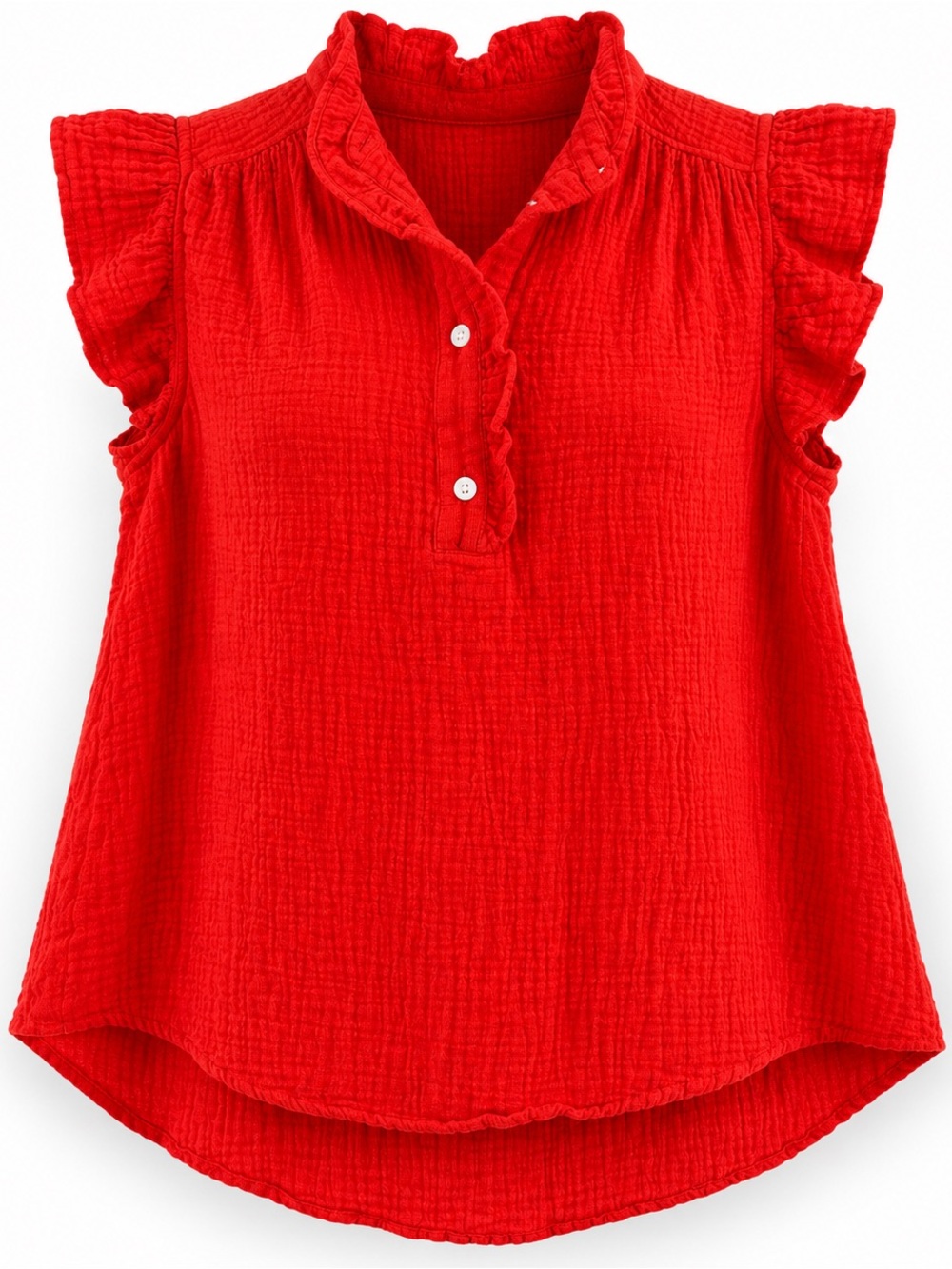 H&M Red Cotton Seersucker Ruffle Flutter Sleeve Blouse Size S